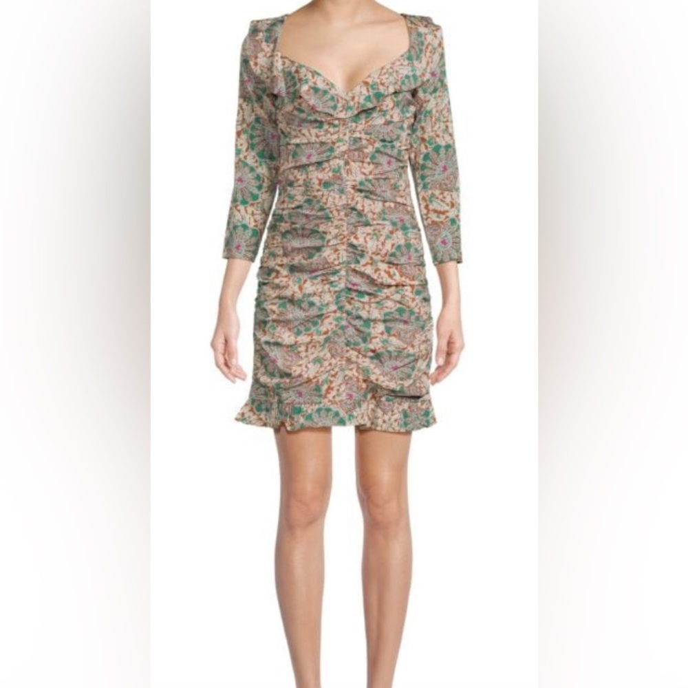 Veronica Beard Lozano‎ Silk Ruched Mini Dress Caramel Multi Size 8 NWT